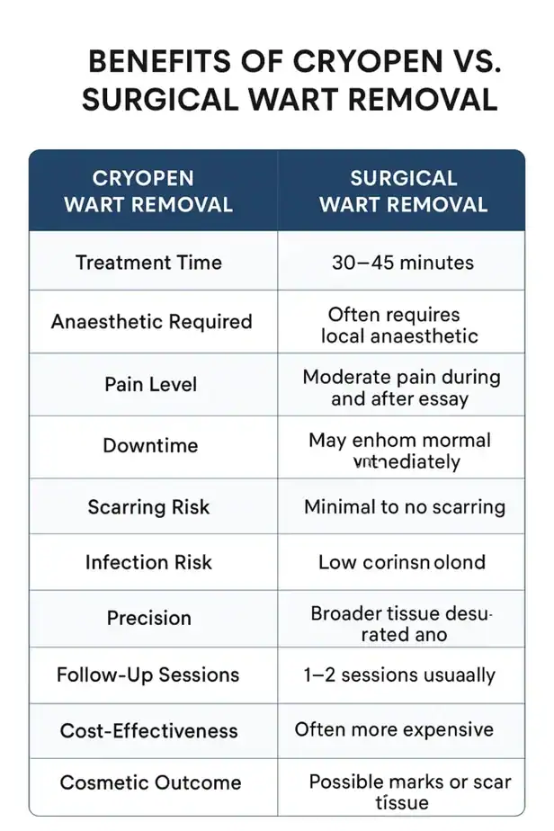 Table showing the benefits of cryopen to remove warts West Hampstead compared to surgical treatment